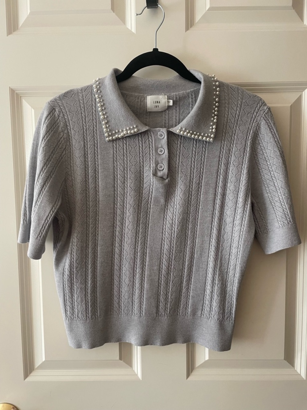Luna Joy Gray Pearl-Collar Knit Polo Sweater